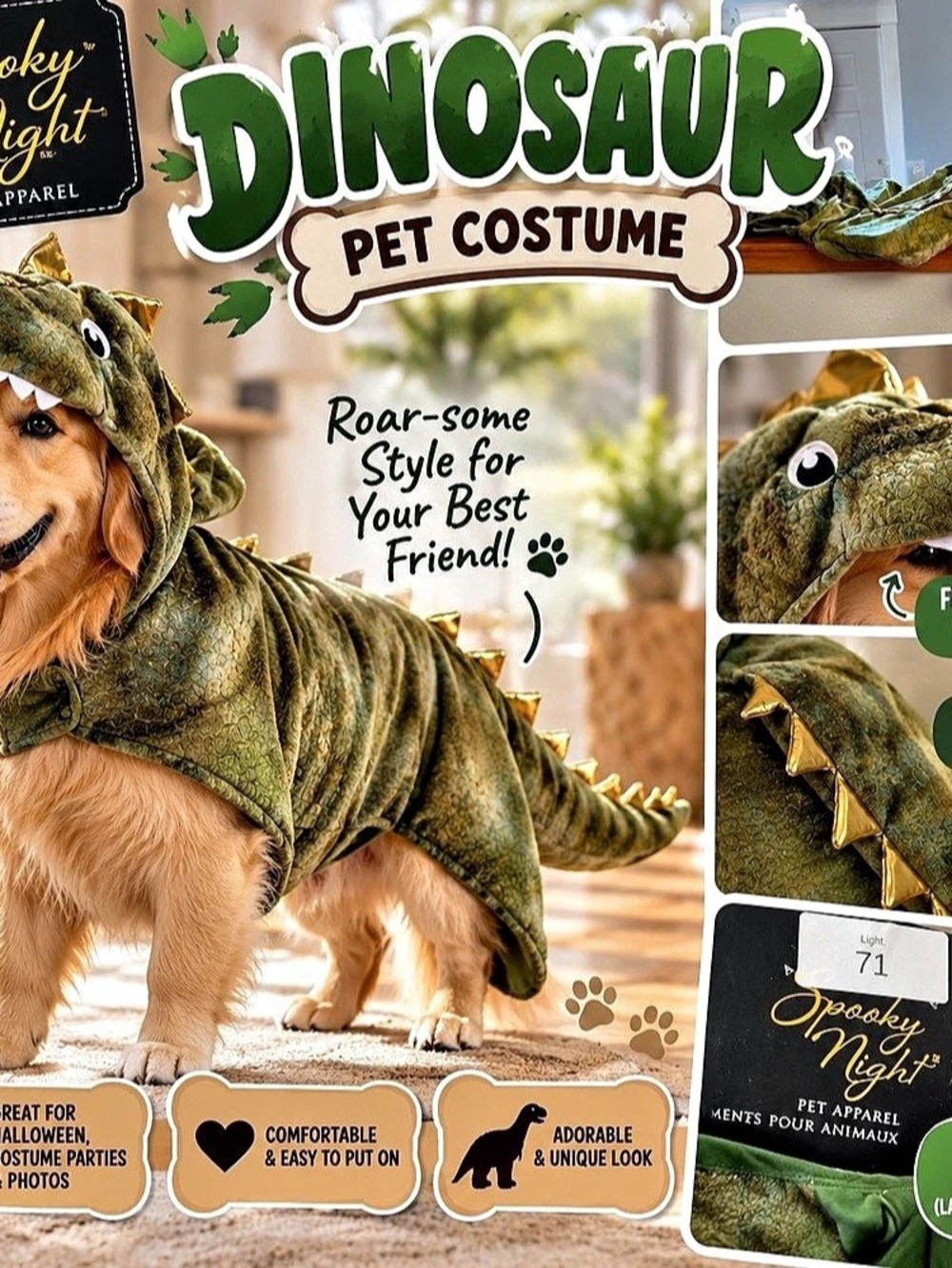 Spooky Night Dinosaur Pet Costume Green XL/TG